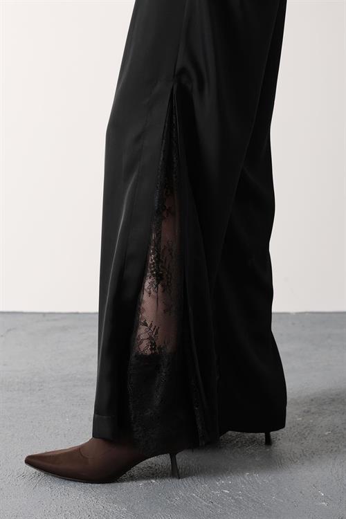 Wholesale Womens Black Lace Satin Trousers with Side Slits
