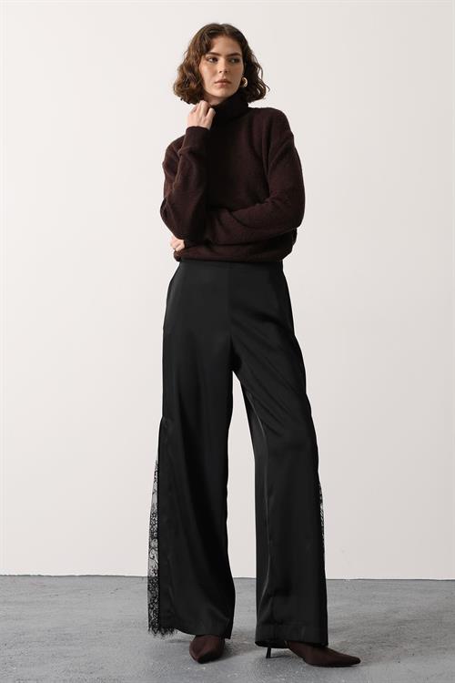 Wholesale Womens Black Lace Satin Trousers with Side Slits