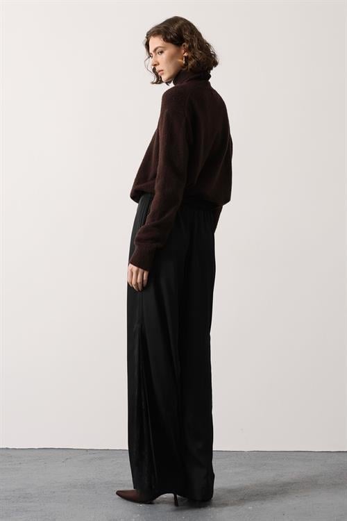 Wholesale Womens Black Lace Satin Trousers with Side Slits