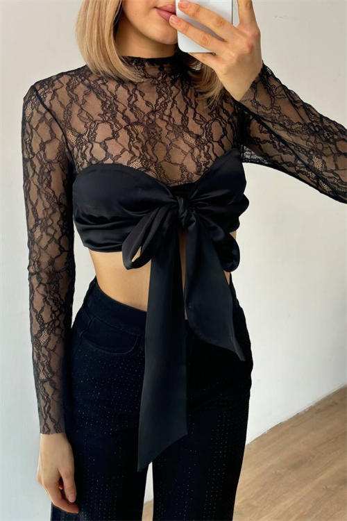 Wholesale Womens Black Lace Tie-Front Blouse