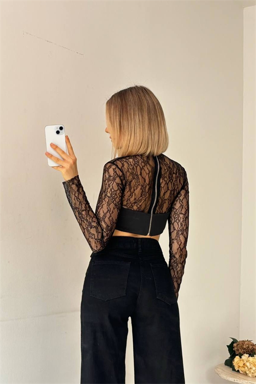 Wholesale Womens Black Lace Tie-Front Blouse