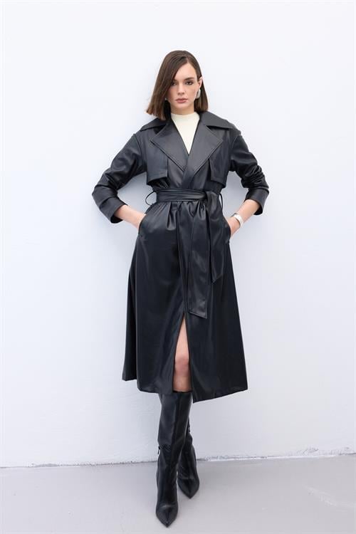 Wholesale Womens Black Leather Trench Coat