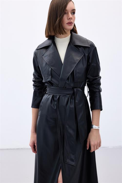 Wholesale Womens Black Leather Trench Coat