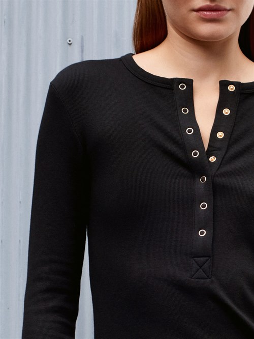 Wholesale Womens Black Long-Sleeve Top with Snap-Up Half Placket