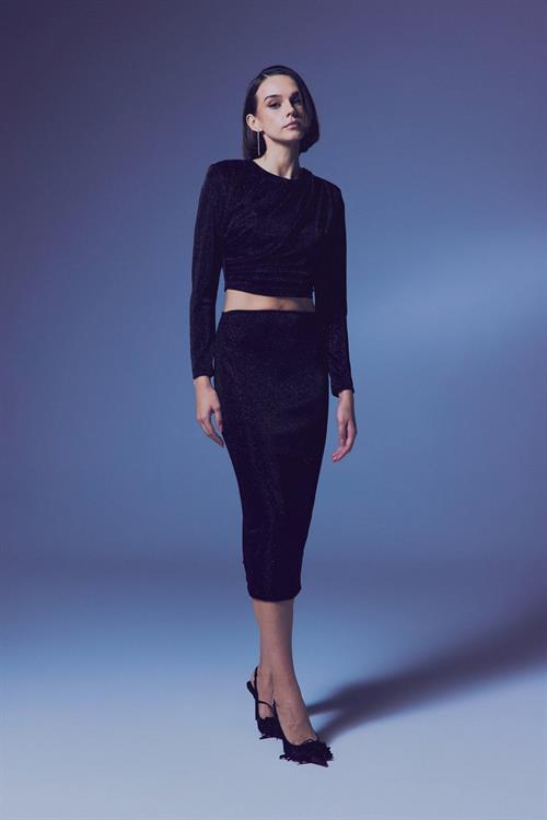 Wholesale Womens Black Lurex Midi Pencil Skirt