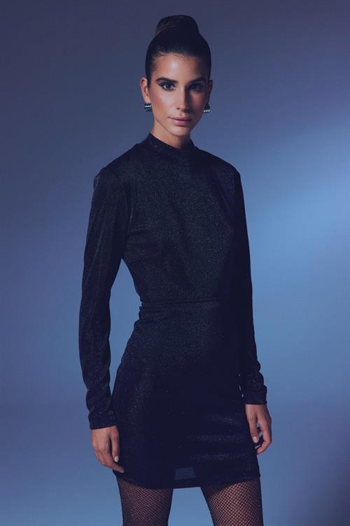 Wholesale Womens Black Lurex Mock-Neck Bodysuit with Long Sleeves