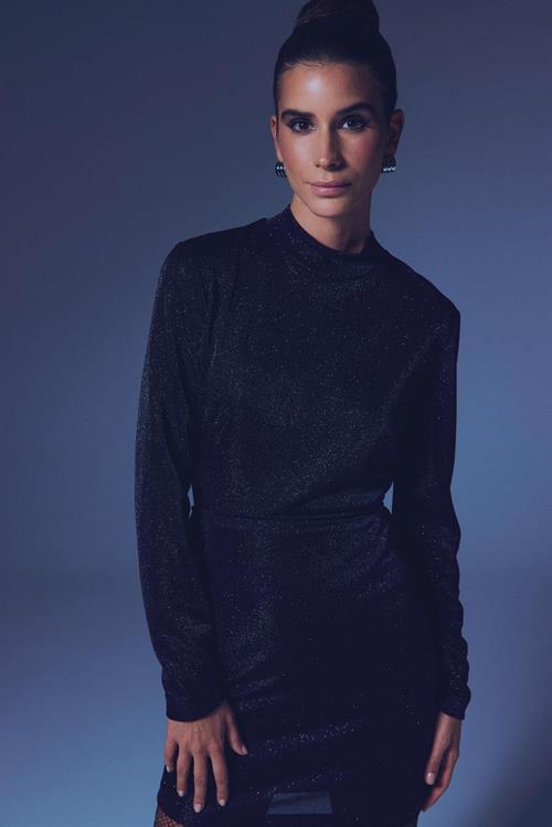 Wholesale Womens Black Lurex Mock-Neck Bodysuit with Long Sleeves