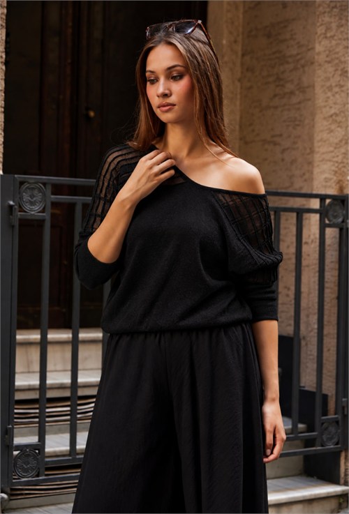 Wholesale Womens Black Lurex-Thread Textured Yoke Knit Sweater