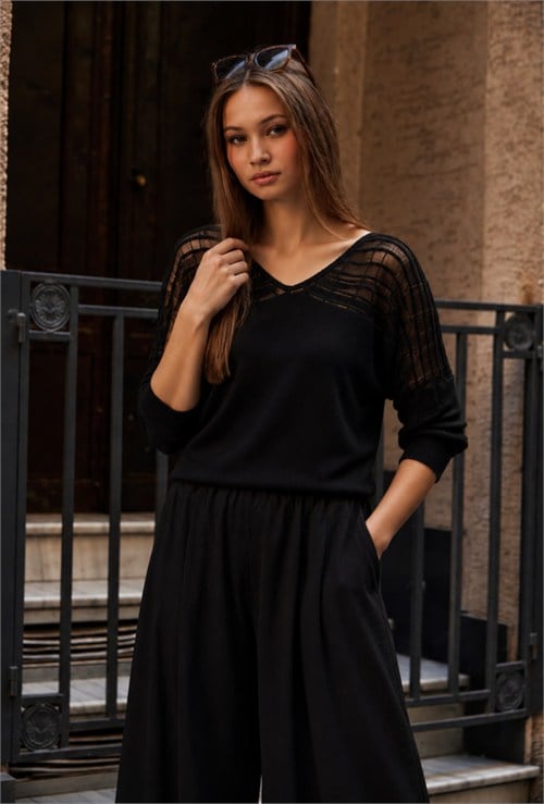 Wholesale Womens Black Lurex-Thread Textured Yoke Knit Sweater