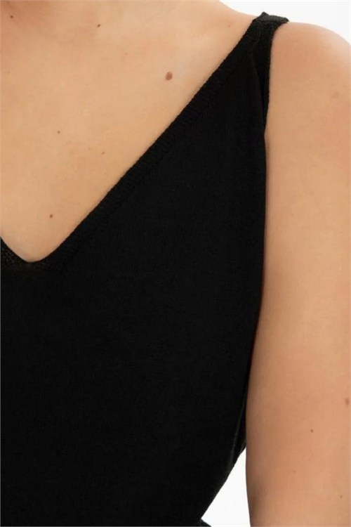 Wholesale Womens Black Mercerized Knit Top with Front and Back V-Neck