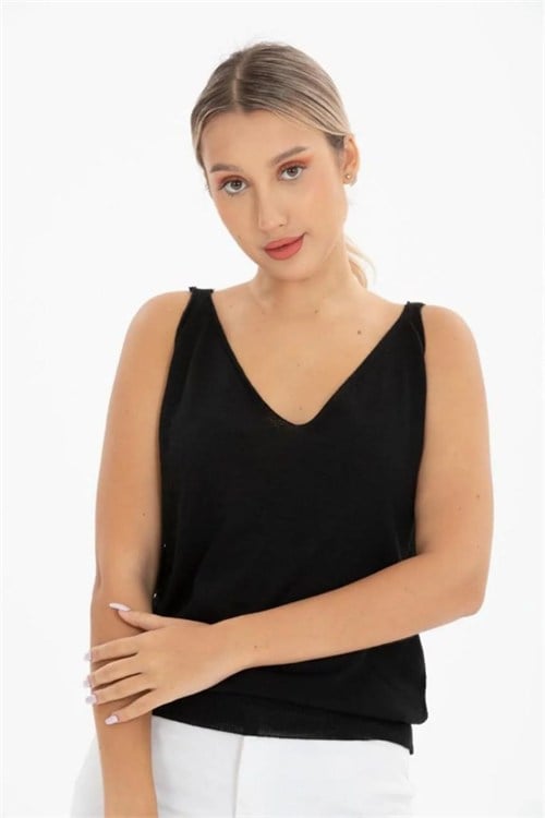 Wholesale Womens Black Mercerized Knit Top with Front and Back V-Neck