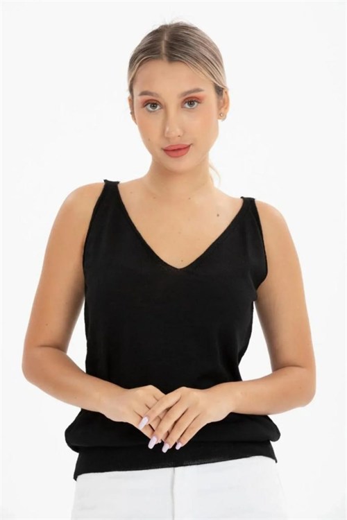 Wholesale Womens Black Mercerized Knit Top with Front and Back V-Neck