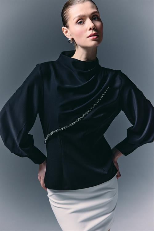 Wholesale Womens Black Mock-Neck Blouse with Bishop Sleeves