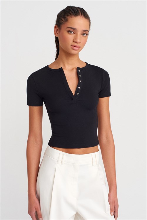 Wholesale Womens Black Modal-Cotton Snap-Button Cropped Tee