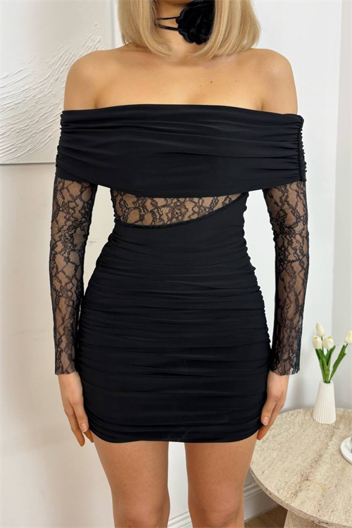 Wholesale Womens Black Off-Shoulder Lace Satin Mini Dress