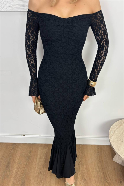 Wholesale Womens Black Off-Shoulder Lace Maxi Dress