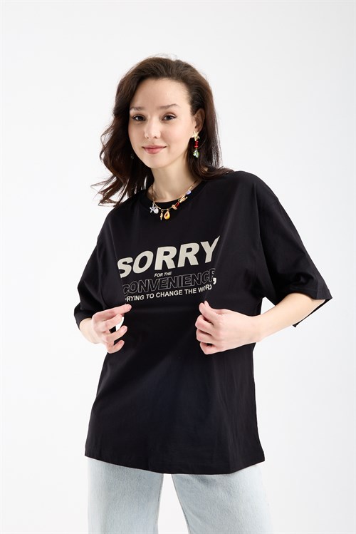 Wholesale Womens Black Oversized Printed T-Shirt