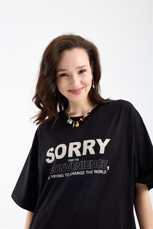 Wholesale Womens Black Oversized Printed T-Shirt