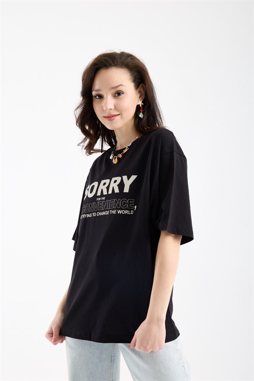 Wholesale Womens Black Oversized Printed T-Shirt