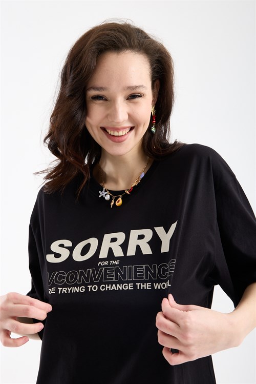 Wholesale Womens Black Oversized Printed T-Shirt