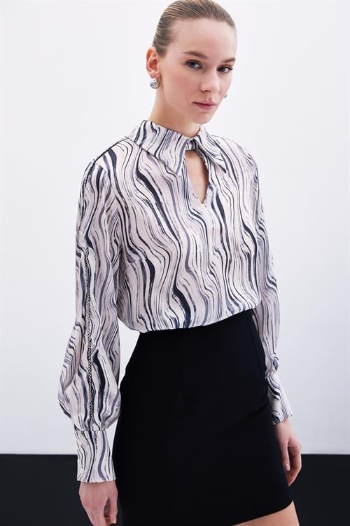 Wholesale Womens Black Patterned Blouse with Rhinestone Trim on Bishop Sleeves