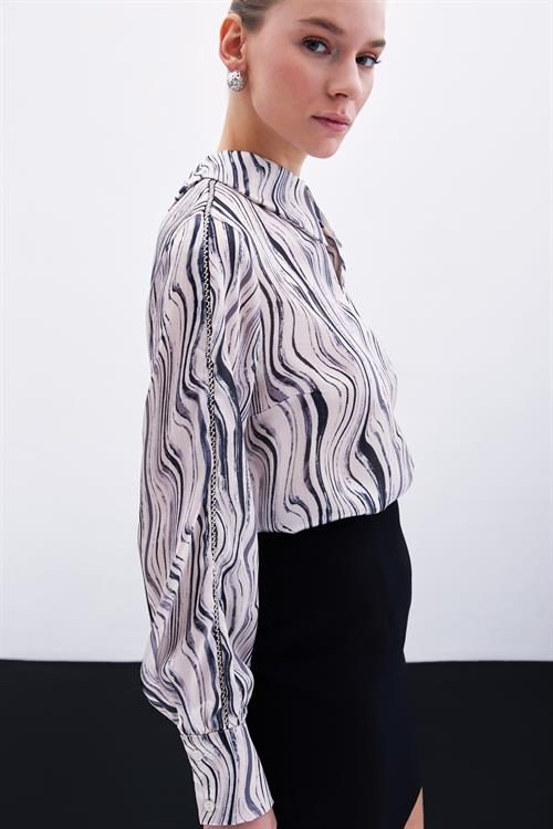 Wholesale Womens Black Patterned Blouse with Rhinestone Trim on Bishop Sleeves