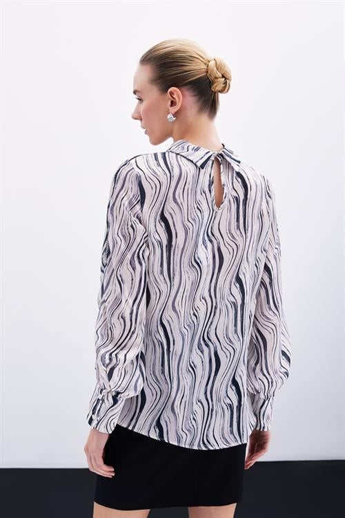 Wholesale Womens Black Patterned Blouse with Rhinestone Trim on Bishop Sleeves