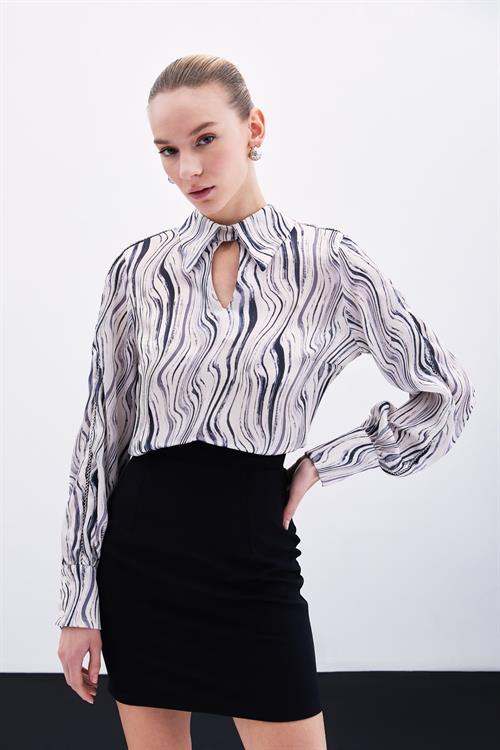 Wholesale Womens Black Patterned Blouse with Rhinestone Trim on Bishop Sleeves