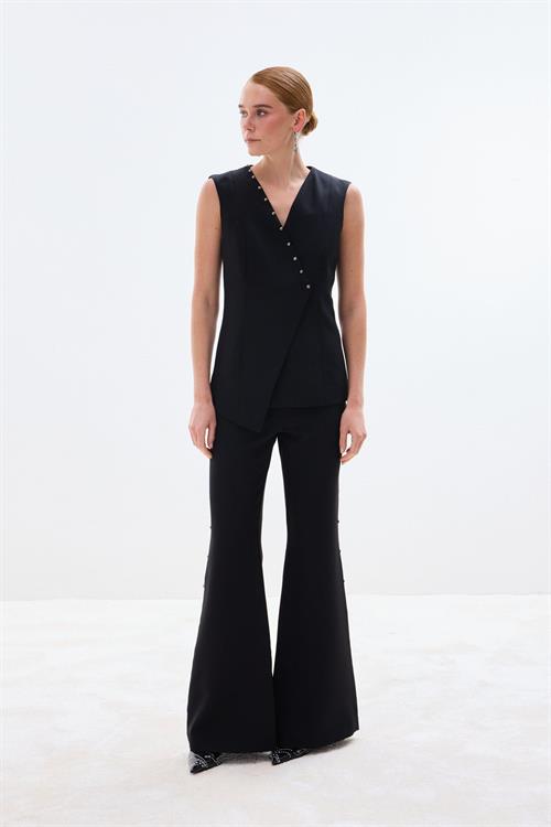 Wholesale Womens Black Pearl-Embellished Wrap Waistcoat