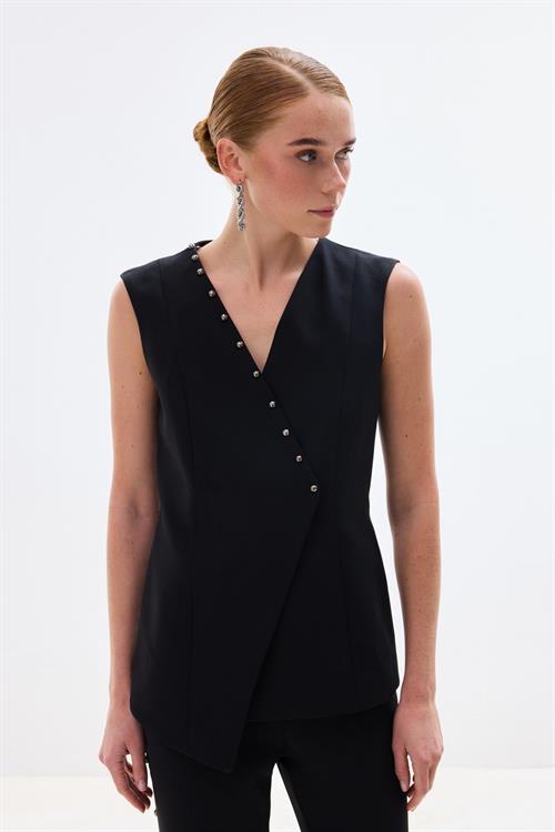 Wholesale Womens Black Pearl-Embellished Wrap Waistcoat