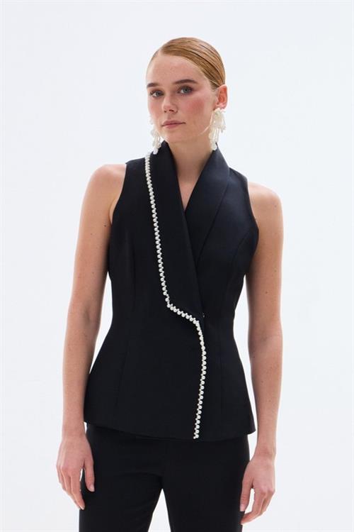 Wholesale Womens Black Pearl-Embellished Wrap Waistcoat