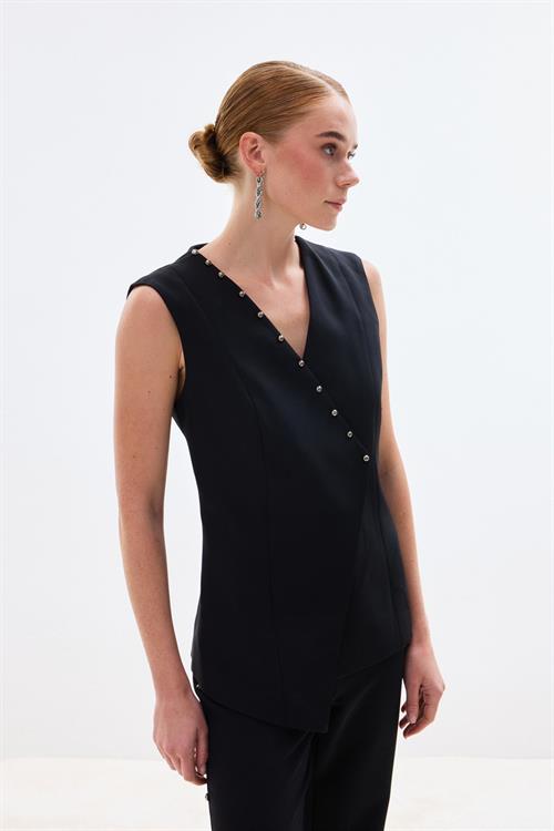 Wholesale Womens Black Pearl-Embellished Wrap Waistcoat