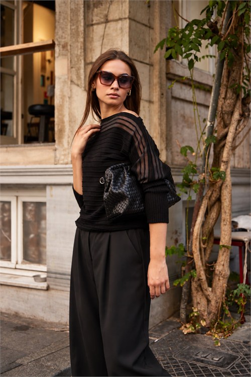 Wholesale Womens Black Pleated-Texture Mercerized Knit Sweater with Sheer Yoke