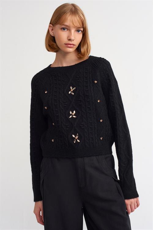 Wholesale Womens Black Raglan-Sleeve Crew-Neck Knit Sweater with Rhinestone Embellishments