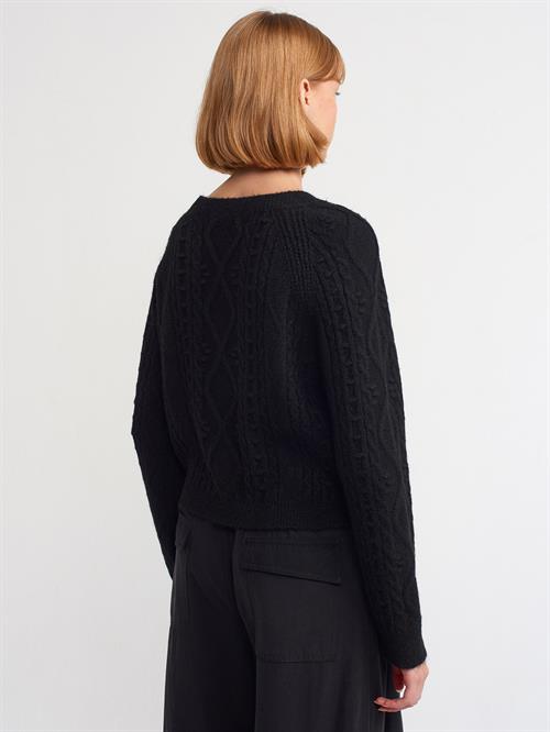 Wholesale Womens Black Raglan-Sleeve Crew-Neck Knit Sweater with Rhinestone Embellishments