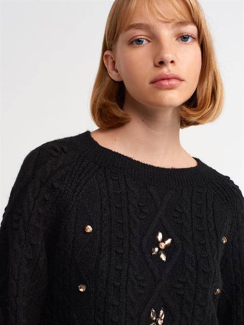 Wholesale Womens Black Raglan-Sleeve Crew-Neck Knit Sweater with Rhinestone Embellishments