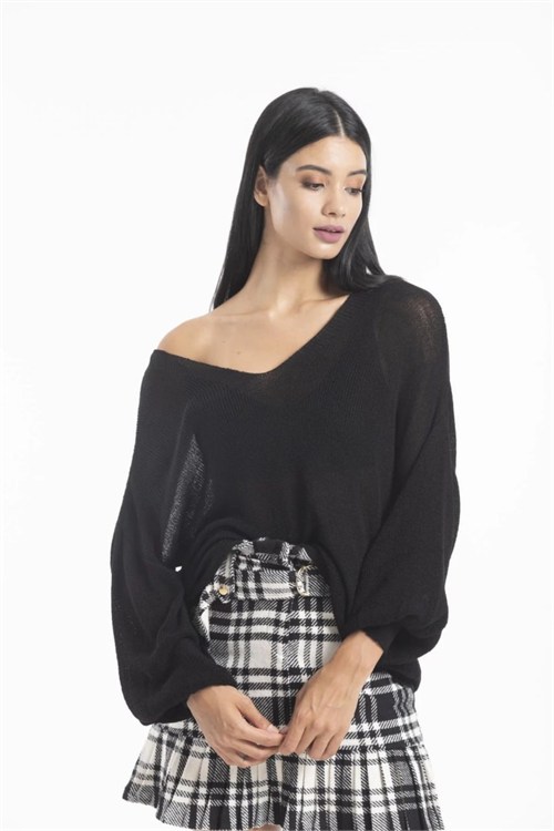 Wholesale Womens Black Relaxed-Fit Mercerized Knit Sweater with Front and Back V-Neck