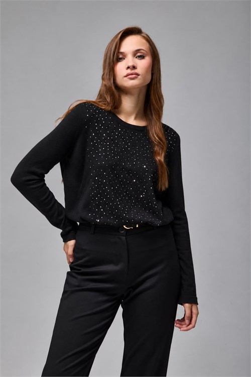 Wholesale Womens Black Rhinestone-Embellished Crew-Neck Knit Sweater