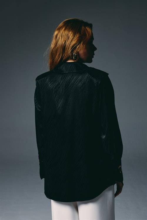 Wholesale Womens Black Satin Jacquard Shirt with Wide Buttoned Cuffs