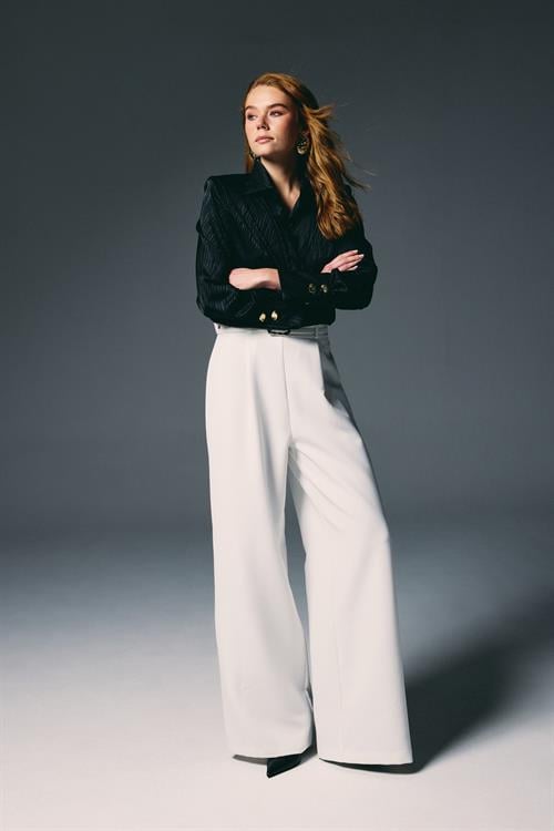 Wholesale Womens Black Satin Jacquard Shirt with Wide Buttoned Cuffs