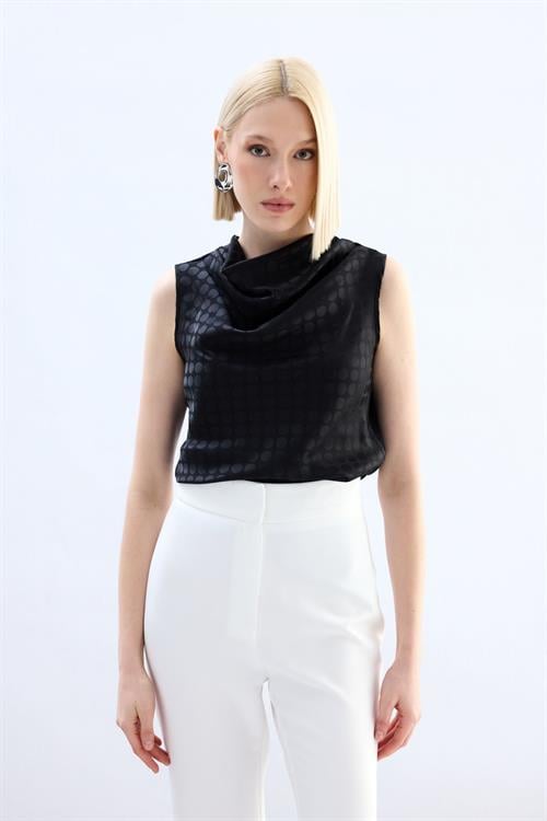 Wholesale Womens Black Satin Jacquard Sleeveless Blouse