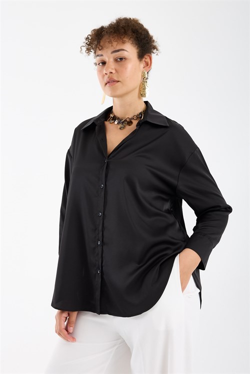Wholesale Womens Plus Size Black Satin Long-Sleeve Shirt