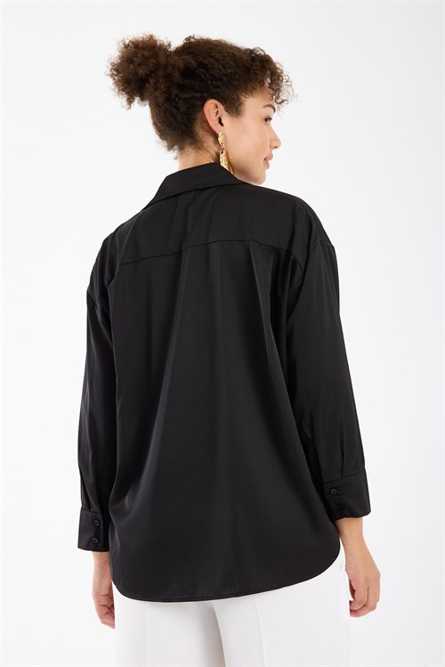 Wholesale Womens Plus Size Black Satin Long-Sleeve Shirt