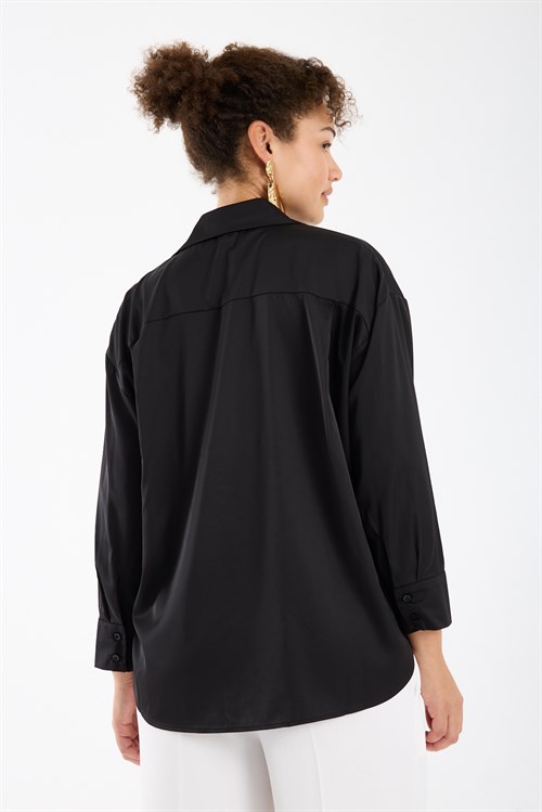 Wholesale Womens Black Satin Long-Sleeve Shirt