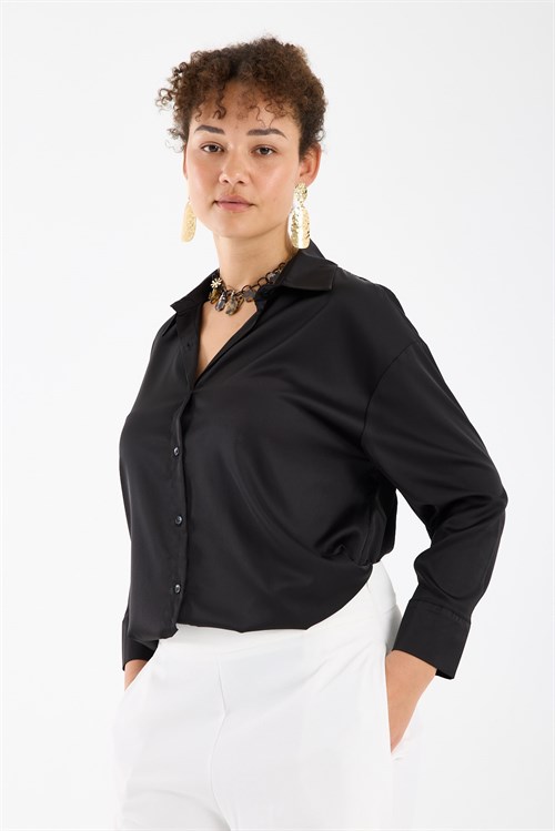 Wholesale Womens Plus Size Black Satin Long-Sleeve Shirt