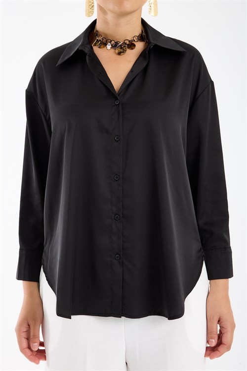Wholesale Womens Plus Size Black Satin Long-Sleeve Shirt