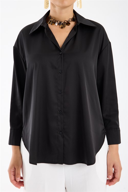 Wholesale Womens Black Satin Long-Sleeve Shirt
