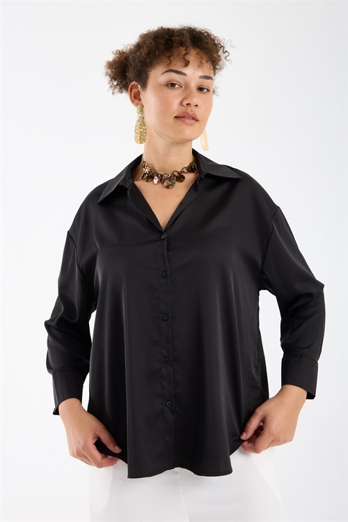 Wholesale Womens Black Satin Long-Sleeve Shirt