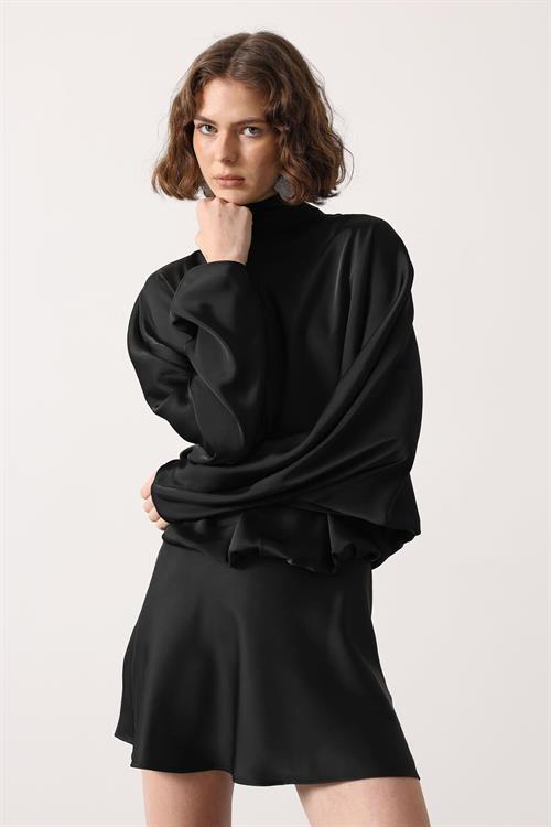 Wholesale Womens Black Satin Long-Sleeve Mini Dress