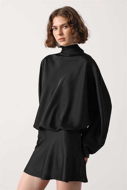 Wholesale Womens Black Satin Long-Sleeve Mini Dress